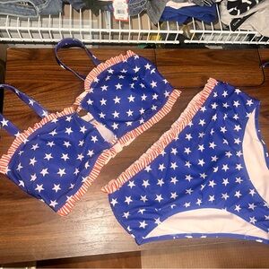 Plus American Flag Print Frilled Cut Out High Waist Bikini Swimsuit Size 2XL
